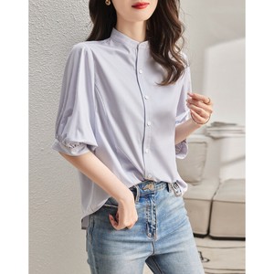 Button Shirt/Blouse Plain Color Summer Ladies