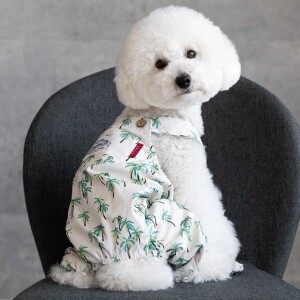 ヤシの木柄ロンパース　ドッグウェア　犬服　リンクコーデ　日本製　made in japan　ペット服　ロンパース