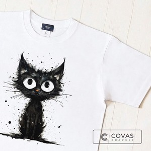 ユニセックス・プリントTシャツ　"黒猫"　ホワイト　半袖 Tシャツ
