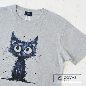 ユニセックス・プリントTシャツ　"黒猫"　杢グレー　半袖 Tシャツ