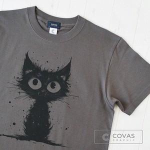 ユニセックス・プリントTシャツ　"黒猫"　チャコールグレー　半袖 Tシャツ