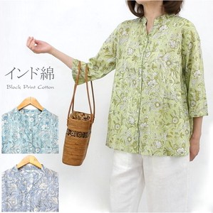 Button Shirt/Blouse Indian Cotton Stand-up Collar Front Opening Block Print