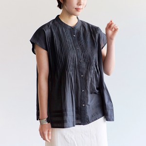 Button Shirt/Blouse Pintucked Flare Sleeveless Band Collar Cambric Cotton 【2024NEW】