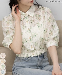 Button Shirt/Blouse Cropped Floral Pattern Shirring