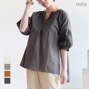 Button Shirt/Blouse Flare Sleeve Cambric Puff Sleeve Cotton Embroidered
