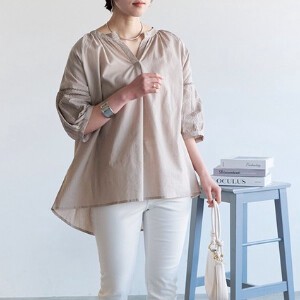 Button Shirt/Blouse Flare Cambric Puff Sleeve Cotton