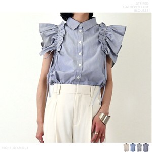 Button Shirt/Blouse Gathered Ruffle Stripe 【2024NEW】
