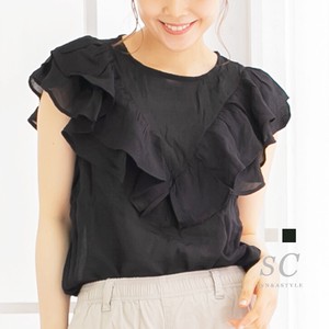 Button Shirt/Blouse Ruffle Crew Neck Spring/Summer Sleeveless Ladies' Sheer Cut-and-sew