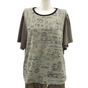 【2024新作】5色展開　ミセスプリントTシャツ　デザイン袖　ポップなデザイン切替　大人カジュアル　綿混