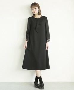 [SD Gathering] Casual Dress Design Sleeve Scalloped Lace black Formal Switching