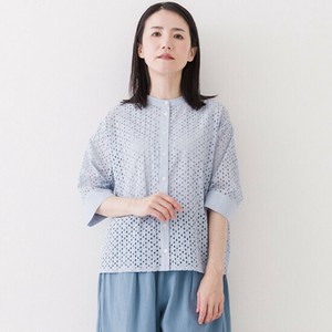 50%オフ【Crea delice】73218 バンドカラー5分袖レースブラウス