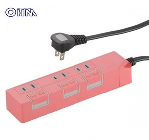 OHM　3口押しボタンスイッチ付きカラー節電タップ　ピンク　HS-T1147P　00-1147