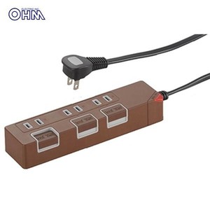 OHM　3口押しボタンスイッチ付きカラー節電タップ　ブラウン　HS-T1148T　00-1148