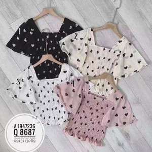 Button Shirt/Blouse Heart-Patterned Flare Sleeve Shirring