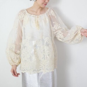Button Shirt/Blouse Organdy Embroidered Switching
