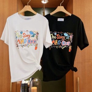 【2024春夏新作】カラーSTORYプリントビーズ付きシルケットTシャツ