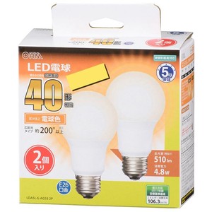 OHM LED電球 E26 40形相当 広配光 電球色 2個入 LDA5L-G AG53 2P