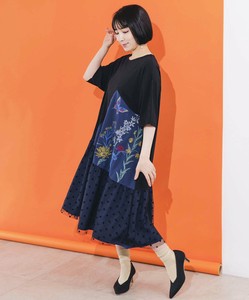 Casual Dress Tulle Flocking Finish One-piece Dress Embroidered Switching