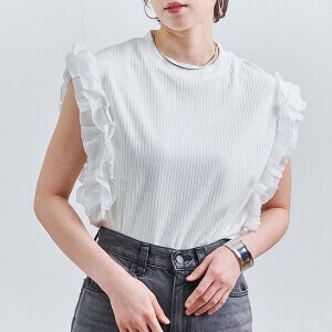 ★シアーフリル袖 プチハイネックリブトップス SS レース ノースリーブ オフィス カットソー【2024新作】