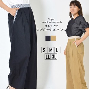 Full-Length Pant Waist Stripe L Wide Pants Cotton Blend
