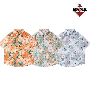 【HOOK】古着風総柄ビッグオーバーシャツ メンズ 半袖 トップス 花柄 総柄 レトロ ボタン 柄シャツ