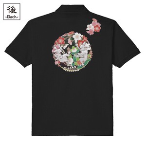 【インバウンド/京都】　メンズ和柄ポロシャツ　鳥獣戯画 梅桜踊