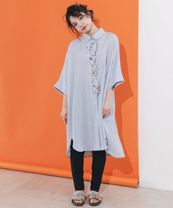 Casual Dress Striped Shirt Dress Embroidered