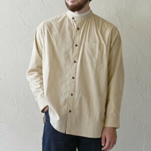 【24年秋冬】<フェアトレード>エシカルメンズオーガニックコットンタテシマキチントストラップシャツ