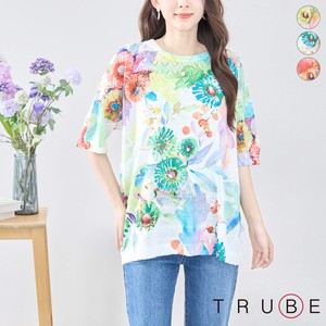 T-shirt Flower Print Knit Tops L 【2024NEW】