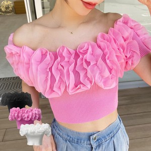 Button Shirt/Blouse Chiffon Ruffle Knitted Spring/Summer Tops Off-The-Shoulder