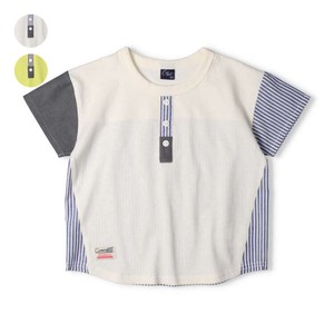ヘンリーネック風異素材切替半袖Tシャツ  N32808　本体綿100%、見せかけ、ダンガリー、ストライプ