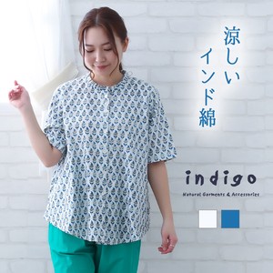 Button Shirt/Blouse Flower Print Cotton Indigo 2024 Spring/Summer