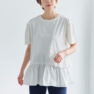 ★裾2段フレアデザインTシャツ　SS　ギャザー　ペプラム　タック　フリル　布帛　異素材