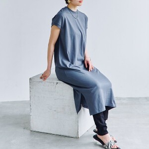 Casual Dress Tunic Slit T-Shirt High-Neck French Sleeve One-piece Dress 【2024NEW】