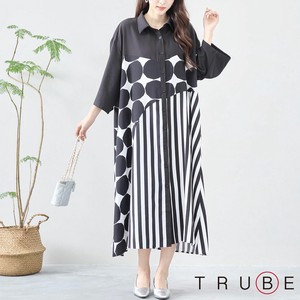 Button Shirt/Blouse Stripe L One-piece Dress Switching 【2024NEW】
