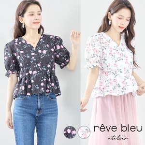 Button Shirt/Blouse Flower Print V-Neck Sleeve Blouse L 【2024NEW】