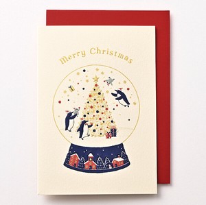 クリスマスカード■スノードームの中のペンギン達のクリスマスパーティー■箔、エンボス加工