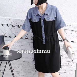 Tunic Pullover Bicolor Mixing Texture Tops Denim Switching 2024 Spring/Summer