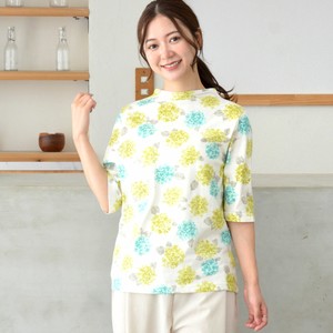 T-shirt Floral Pattern Cotton Linen Cut-and-sew 5/10 length Made in Japan