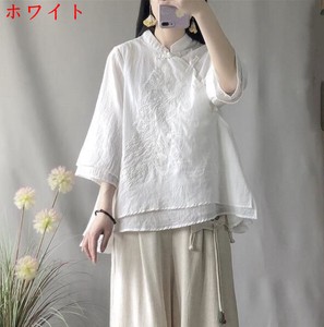 シャツ 7分袖  刺繍 綿麻 無地   ゆったり  快適  レディースファッション     BQ3290