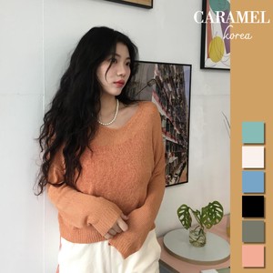 Sweater/Knitwear Knitted Plain Color V-Neck Tops