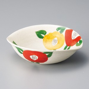 赤絵椿 楕円小鉢　美濃焼　日本製 陶器