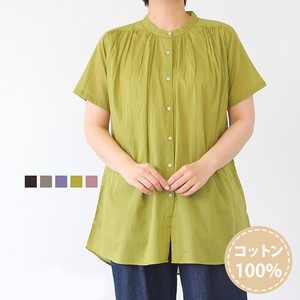 Button Shirt/Blouse Tunic Gathered Cotton Voile Short-Sleeve 2024 Spring/Summer