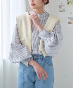 Button Shirt/Blouse Long Sleeves Front/Rear 2-way Band Collar Puff Sleeve