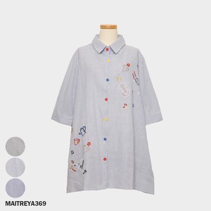 Button Shirt/Blouse Stripe Embroidered