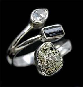 パイライト ブラックトルマリン パーキマーダイヤモンド sv925 宝石質原石リング 指輪