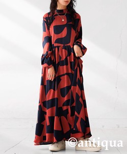 Antiqua Casual Dress Long Sleeves Retro Pattern Long One-piece Dress Ladies' NEW