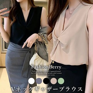Button Shirt/Blouse Gathered V-Neck Ladies' 【2024NEW】
