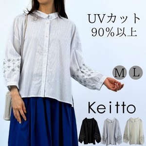 幾何学クロスステッチ刺繍シャツ ブラウス レディース 八分袖 無地 トップス 綿100％ Keitto np-kcms4223