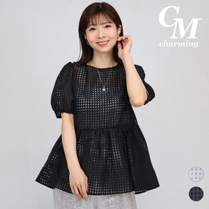 T-shirt Pullover Puff Sleeve Gingham Sheer NEW